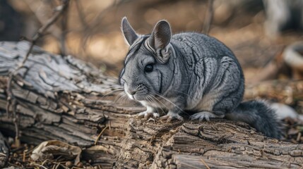 Closeup of Gray Chinchilla on Wood Background in the Outdoors. One Single Chinchilla with Food