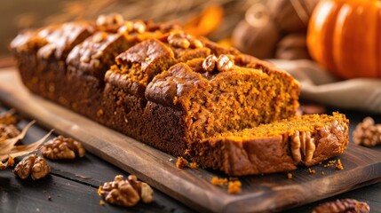 Closeup of Fresh Baked Pumpkin Bread with Walnuts. Delicious Snack or Dessert Option. Horizontal Shot - obrazy, fototapety, plakaty