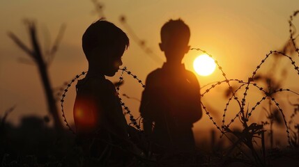 Two boys stand in front of a barbed wire fence at sunset. - obrazy, fototapety, plakaty