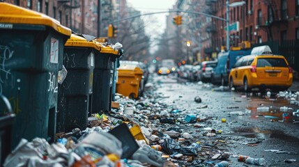 Within the city limits, dumpsters burst with discarded items, scattering waste across the unkempt streets - obrazy, fototapety, plakaty