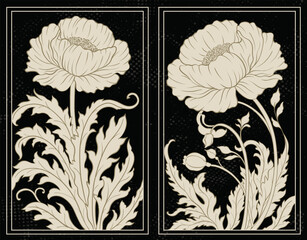 Frame with a peony in the style of Victorian Art Nouveau. Beautiful peony modern vintage floral composition 1920-1930 years.
