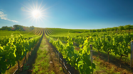 Naklejka premium landscape view of vineyard with sunny weather and blue sky background.