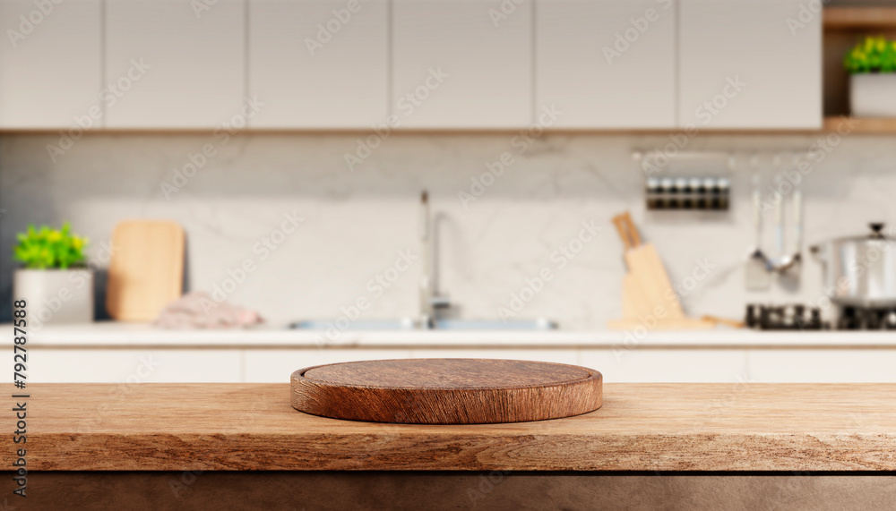 Wall mural kitchen counter with empty wooden board and blur modern kitchen interior background. food and drink 