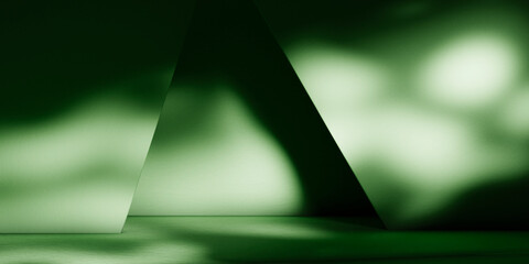 Abstract geometry studio scene with shadow and light. Green background for luxury product display showroom mockup. Minimal interior aesthetic with empty space, geometric line, square , corner backdrop