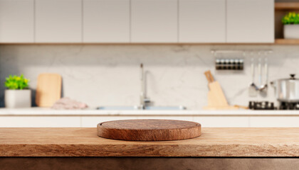 Kitchen counter with empty wooden board and blur modern kitchen interior background. Food and drink product podium stand tabletop.