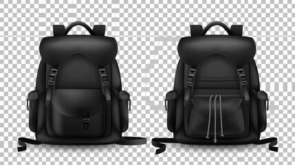 School pouch with drawstrings for clothes and shoes, black knapsacks with strings, empty and full, isolated on transparent background.
