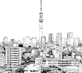 Fototapeta premium Tokyo Minimal Illustration, Minimal Lines Drawing of Tokyo City