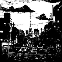 Obraz premium Pixelated Illustration of Tokyo, Pixel Art of Retro Tokyo Cityscape