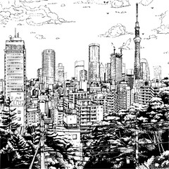 Urban Tokyo City Skylines Line Art with Greenery, Tokyo Illustration Sketch