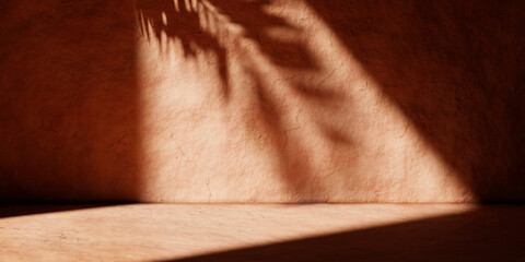 Natural texture stone background with palm shadow and sunlight. Summer tropical product placement...