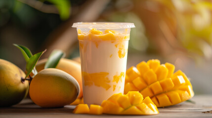 Fototapeta premium A transparent disposable milk tea cup brimming with fresh milk, delicately infused with mango jam and adorned with slices of ripe mango at the base. Overflowing with creamy goodness, the milk spills 