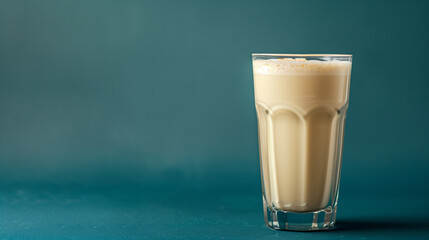 A single glass of frothy beige milk stands out against a plain dark-blue background, positioned elegantly on the right side, creating a striking contrast and drawing attention to the creamy texture.
 - obrazy, fototapety, plakaty