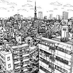 Tokyo Monochrome Illustration, Black and White Line Drawing of Tokyo City