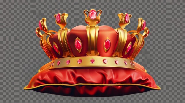 Crown for king and queen on red pillow. Modern realistic luxury golden crown with gems, medieval diadem for prince, princess, or emperor isolated on transparent background.