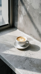 A solitary cafe latte sits atop a window sill, nestled within the sleek confines of polished concrete surroundings. The smooth lines of the architecture accentuate the composition