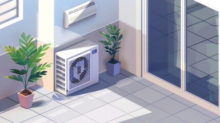 This modern illustration shows an air conditioner in an empty room with a balcony. Modern isometric illustration of a house or office with an air conditioning system.