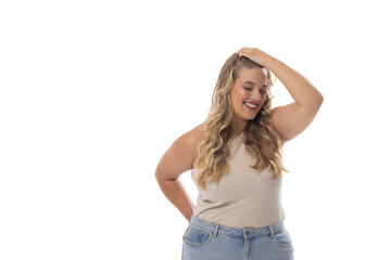 A Caucasian young female plus size model with long blonde hair on white background, copy space