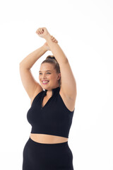 A young Caucasian plus size model with blonde hair on white background, copy space