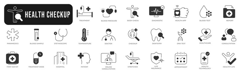 Health checkup solid line icon set. Medical care patient diagnosis icon collection