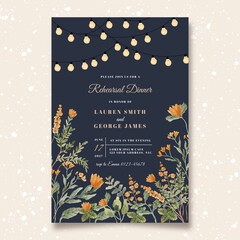 rehearsal dinner with string light and yellow orange floral watercolor