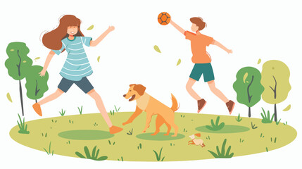 Boy girl and dog play ball in the park. Vector flat s