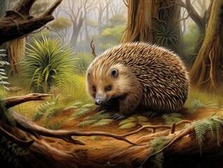 A realistic painting of a hedgehog in the forest.