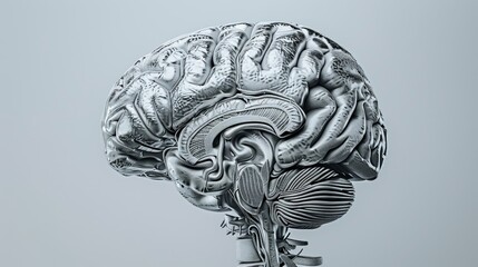 Illustration of a brain made in grayscale monochrome color on white background - obrazy, fototapety, plakaty