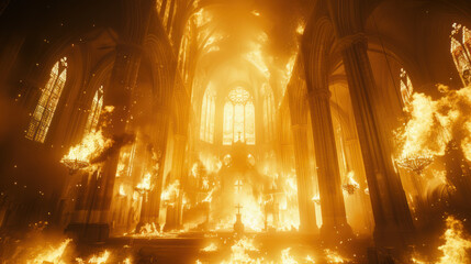 Interior of burning cathedral, hellish nightmare scene, end of world - obrazy, fototapety, plakaty