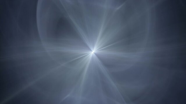 Fractal flame, gas, nebula, smoke or plasma. Looping abstract animation. Soft evolving curves. Symmetrical light rays shining from central star. Background or screen saver. Gray, silver, black, white.