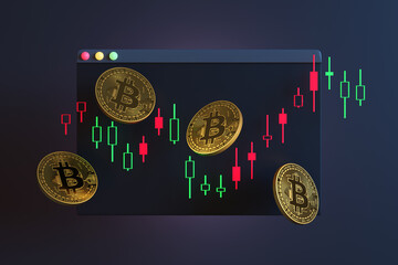 Stock candle chart and golden bitcoins in front of a computer popup window on dark purple background. Illustration of the concept of cryptocurrency investment and crypto trading