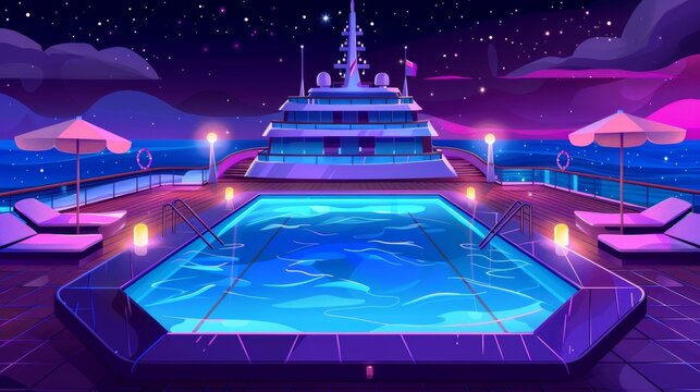 Luxury sailboat in sea or ocean, empty ship deck with sun loungers, umbrellas and illumination. Cruise liner swimming pool at night. Cartoon modern illustration at night.