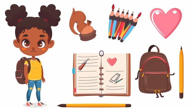 Black woman painter with pencil and notebook. African American girl student drawing pink heart in album. Modern cartoon teenage girl with ponytail and backpack.