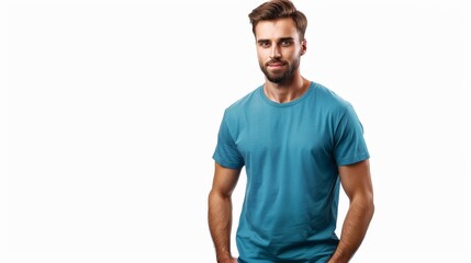 Obraz premium Blank blue t-shirt with a handsome man on white background.
