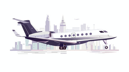 Business jet over the city. Side view. Vector flat 