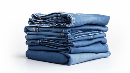 Classic blue denim jeans, neatly folded, isolated on a white background, highlighting fabric details and fashion