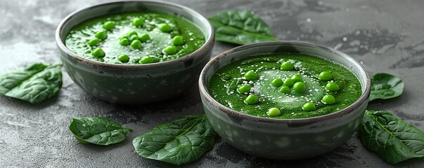 Two ceramic bowls with spinach cream soup with green pea and fresh spinach leaves on grey concrete background. - obrazy, fototapety, plakaty