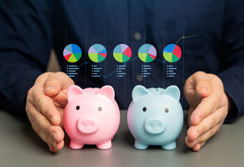 Fototapeta premium A study of consumer preferences of different genders in the banking and financial sector. Piggy bank in the hands of a businessman and information graphics. Financial goals, trust levels. Deposits