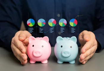 Foto op Aluminium A study of consumer preferences of different genders in the banking and financial sector. Piggy bank in the hands of a businessman and information graphics. Financial goals, trust levels. Deposits © Andrii Yalanskyi