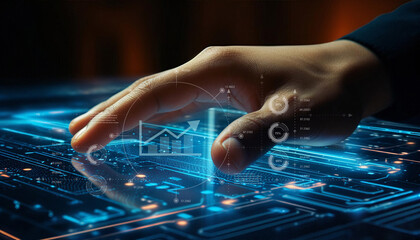 Closeup shot of a human finger pressing a futuristic digital screen, with glowing interface elements, hightech atmosphere