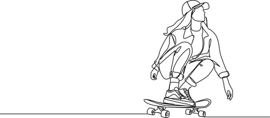 continuous single line drawing of young woman on skateboard, line art vector illustration