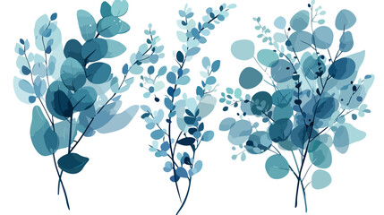 Three blue eucalyptus branches on white background. - obrazy, fototapety, plakaty