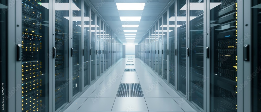 Poster an image of the corridor in a working data center full of rack servers and supercomputers.