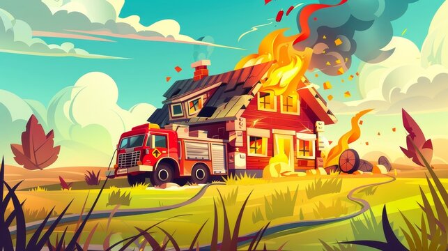 This cartoon modern illustration depicts a fire truck near a blazing farmhouse in the countryside, accompanied by a couple of long tongues. The cartoon depicts a dangerous accident at home, in which