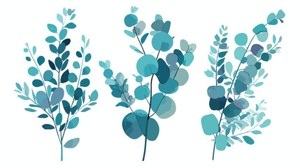 Three blue eucalyptus branches on white background. - obrazy, fototapety, plakaty