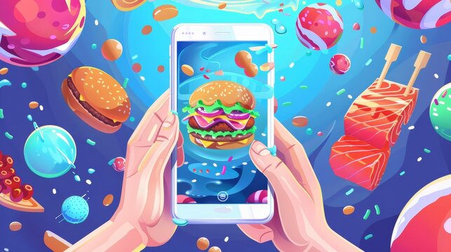 An online ordering service for fastfood restaurants and cafes. Cartoon web banner with planets, burger, egg, salmon and ice cream holding smartphones.