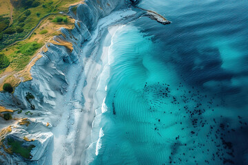 Luftaufnahme von einer Steilküste mit Sandkalkstein, Strand und blauem Meer. 