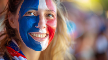 French woman fan with face painted in French flag colors, sports event.