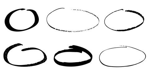 Collection set of hand drawn circles with rough edges, round and elliptical vector shapes
