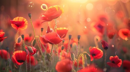 Fototapeta premium baby red poppies flowers, soft light effects under the spectrum of beautiful light