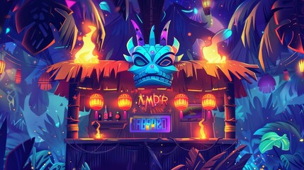 Cartoon web banner with tribal masks, torches, palm leaves, and a push button. Beach hut bar advertising with glowing fonts for an amusement establishment modern illustration. - obrazy, fototapety, plakaty
